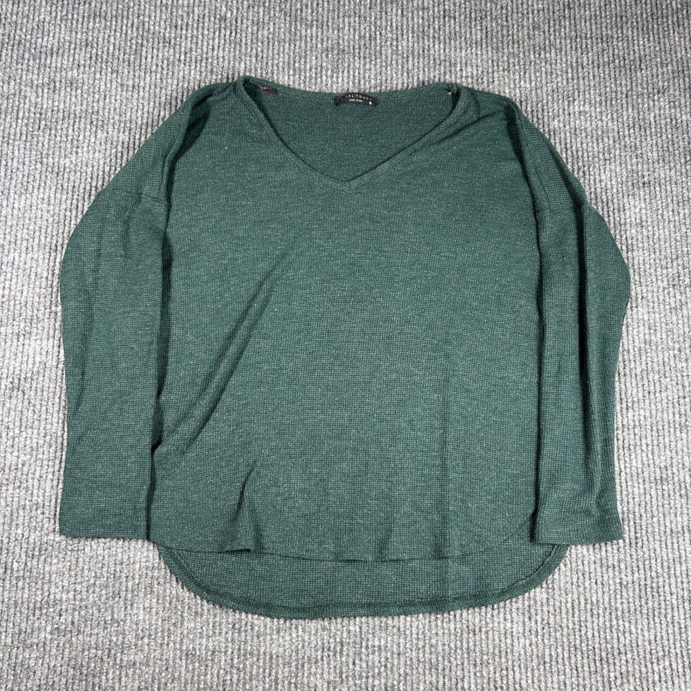 Final Touch Shirt Womens M Waffle Knit V-Neck Top Green Long Sleeve Made in USA